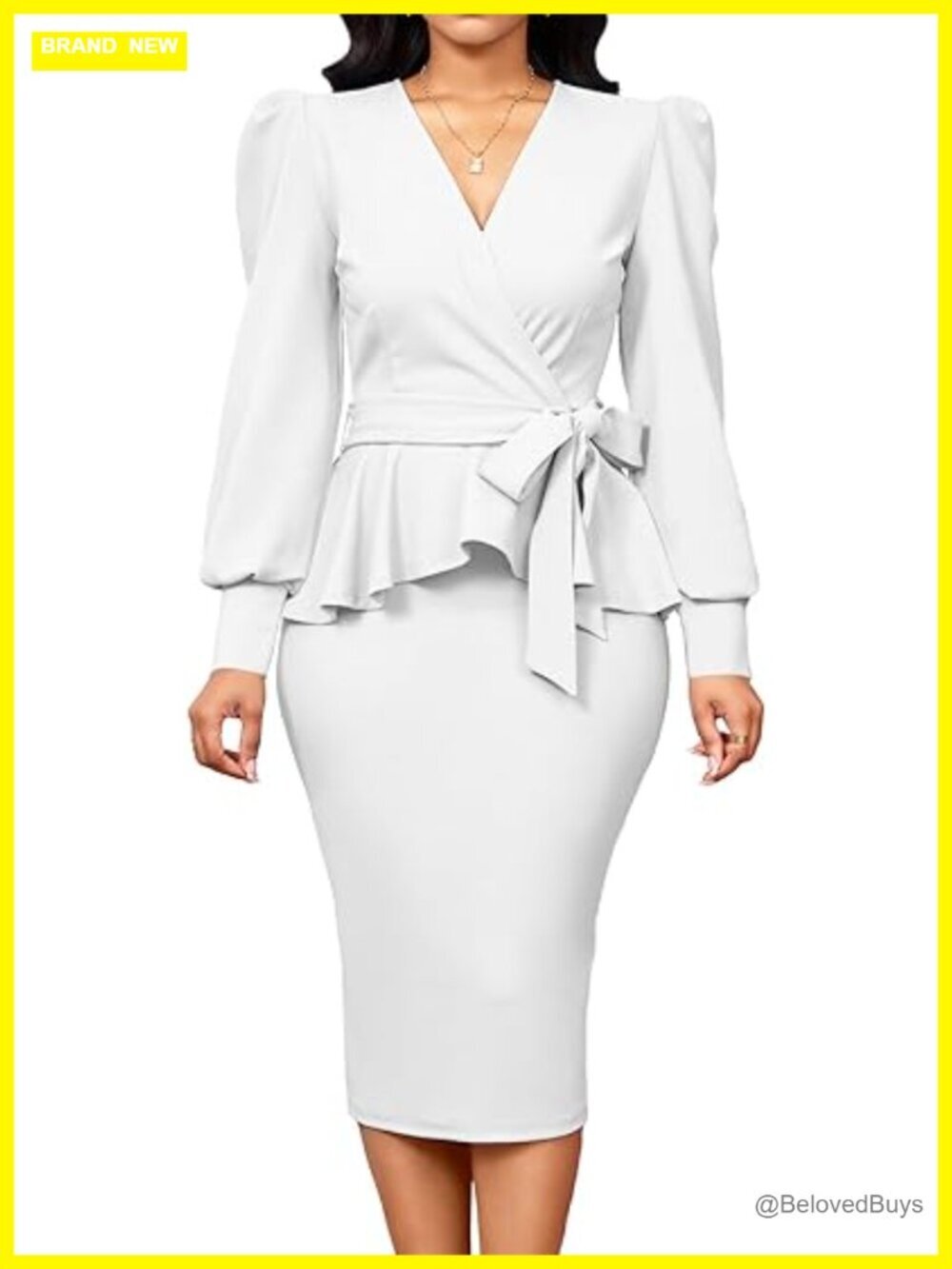 Peplum Church Dress, Wrap V-Neck Puff Sleeve Business Pencil Dress Work Midi